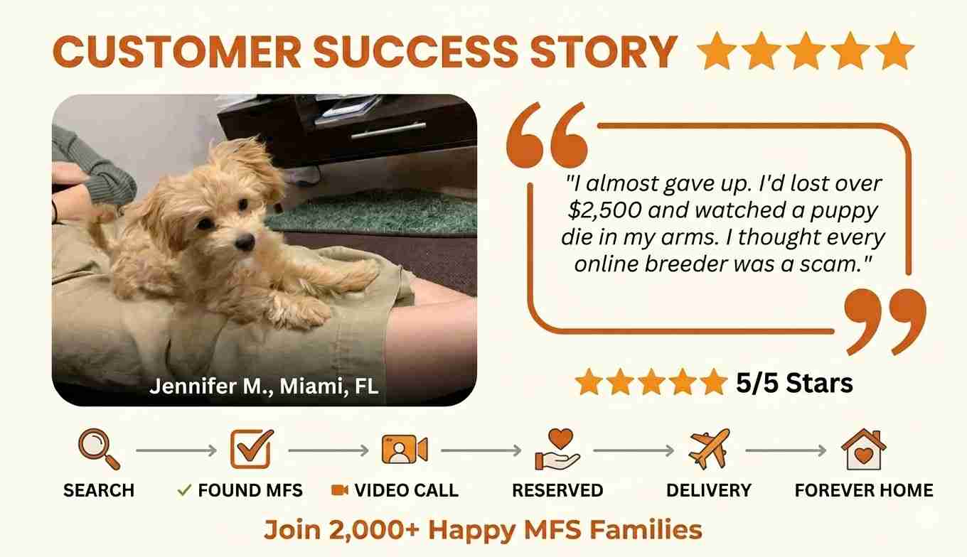 Real Maltipoo Breeder Reviews: Jennifer’s Success Story Real Maltipoo breeder reviews infographic featuring Jennifer M. from Miami, FL, sharing her 5-star success story and journey from searching to bringing her healthy MFS puppy to its forever home.