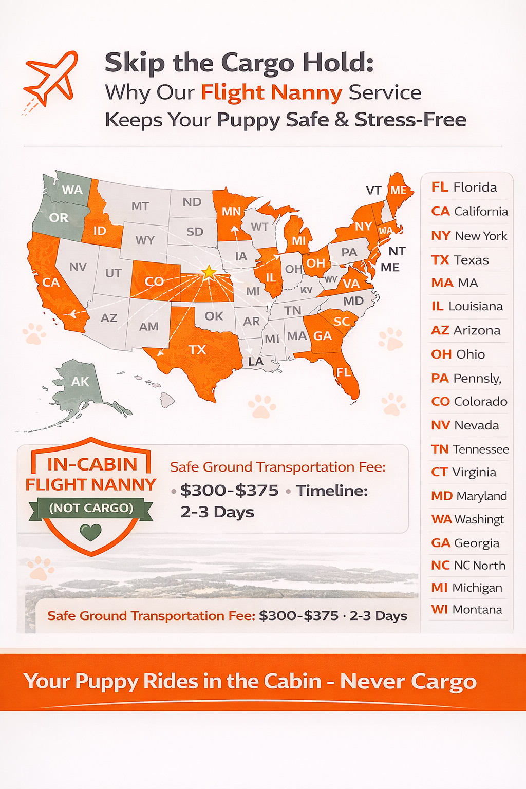 Skip the Cargo Hold: Why Our Flight Nanny Service Keeps Your Puppy Safe & Stress-Free Infographic titled “Skip the Cargo Hold: Why Our Flight Nanny Service Keeps Your Puppy Safe & Stress-Free” featuring a U.S. delivery map with highlighted states, Nebraska origin star, airplane route icons, in-cabin flight nanny badge, safe ground transportation fee details, and 2-3 day timeline emphasizing cabin travel never cargo.