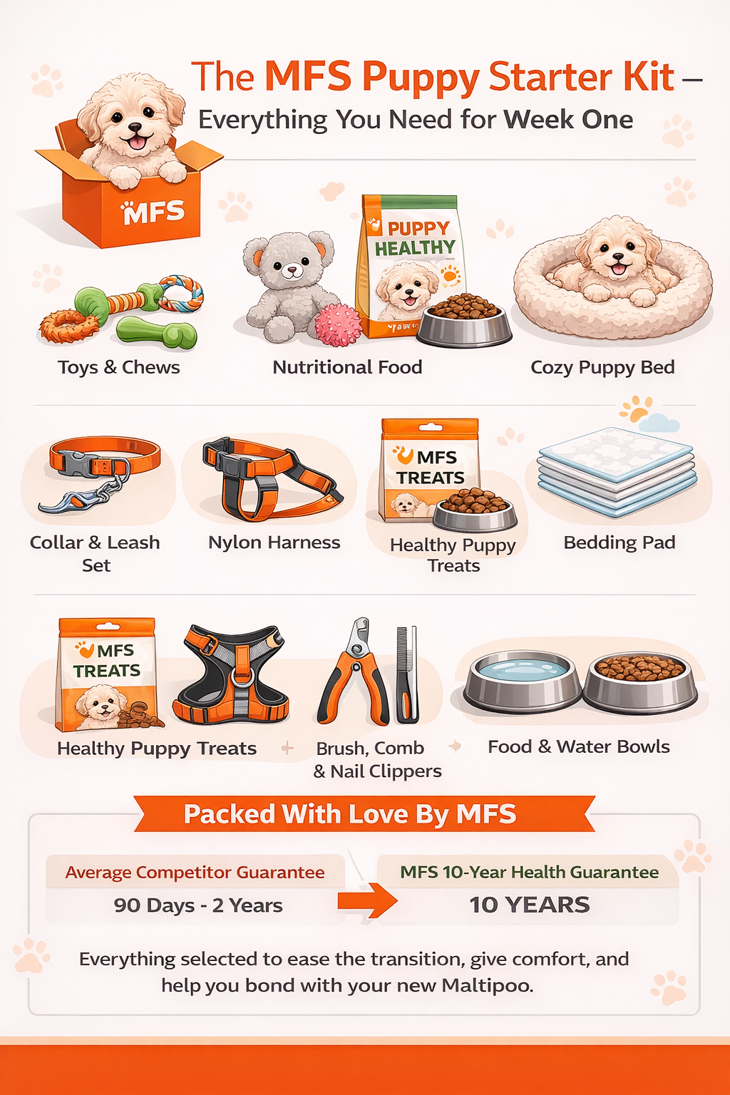 The MFS Puppy Starter Kit – Everything You Need for Week One Infographic titled “The MFS Puppy Starter Kit – Everything You Need for Week One” displaying essential puppy supplies including food, crate, leash, collar, grooming tools, toys, health records, and transition instructions in a clean orange and white layout designed for new puppy owners preparing for their first week at home.